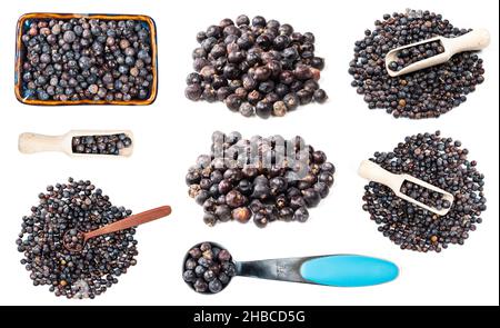 set of various juniper berries cutout on white background Stock Photo