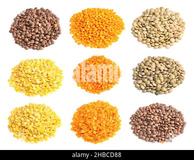 set of piles of various lentils cutout on white background Stock Photo