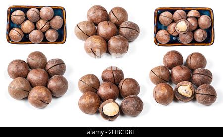 set of macadamia nuts cutout on white background Stock Photo