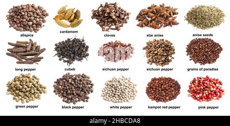 set of piles with various asian spices with names cutout on white background Stock Photo