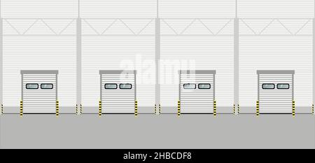 Warehouse or industrial building. Inside view, interior. Steel structure building with concrete floor and roller shutter gates. Stock Vector
