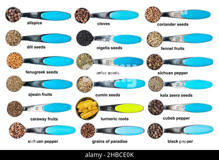 set of measuring teaspoons with spices with names cutout on white background Stock Photo