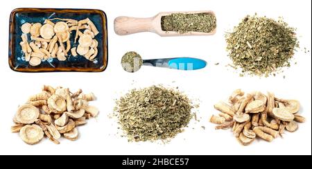 set of various dried parsley herbs cutout on white background Stock Photo
