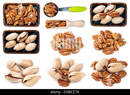 set of various pecan nuts cutout on white background Stock Photo