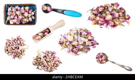 set of dried rose buds cutout on white background Stock Photo