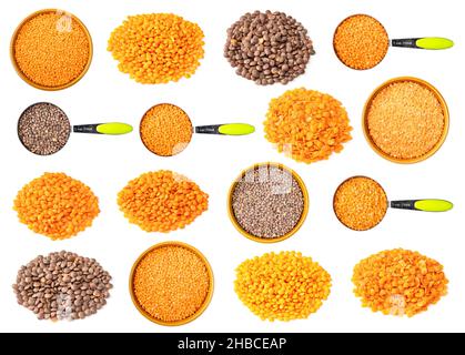 set of various red lentils cutout on white background Stock Photo