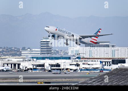 American Airlines takes off from LAX in the afternoon Stock Photo