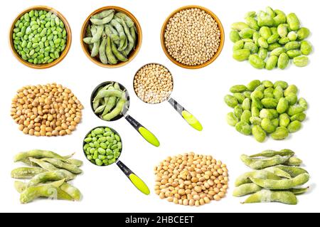 set of various soybeans cutout on white background Stock Photo