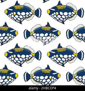 Seamless pattern with clown triggerfish fish. Vector tropical background on white. Stock Vector
