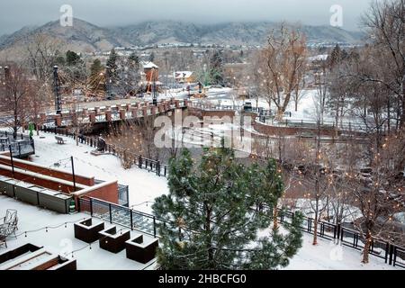 Christmas lights in winter, Golden, Colorado, USA. [Washington Avenue Bridge over Clear Creek.] Stock Photo