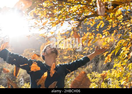 close up. young man plays with yellow leaves falling down Stock Photo