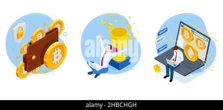 Cryptocurrency mining GPU-farm. Cryptocurrency and blockchain isometric composition. Big data processing. Platform services for exchange and sale Stock Vector