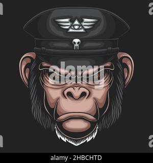 Chimpanzee wearing military hat vector illustration Stock Vector