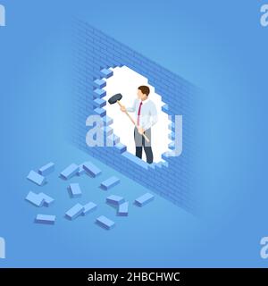 Isometric Breaking the Wall. An alternative Solution to the Problem. Businessman Solved Problem, New Solution, Success and Leadership. Breakthrough Stock Vector