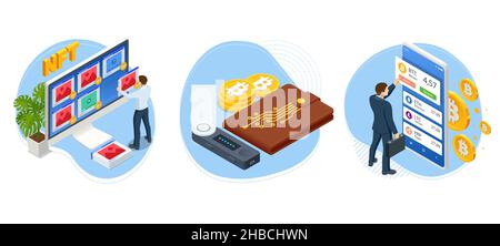 Isometric NFT Non-Fungible Token. Virtual art and galleries using blockchain technology concept. NFT cryptoart and blockchain Stock Vector
