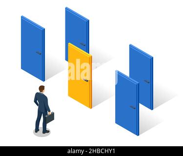 Isometric concept of man is standing in front of three doors and having a choice. Symbol of choice, career path or opportunities. Business decision Stock Vector