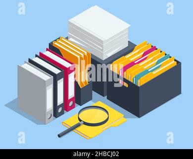 Marketing data analysis. Isometric office document folders. Routine, bureaucracy, big data, paperwork, office. Bureaucracy. Data Analysis, Business Stock Vector