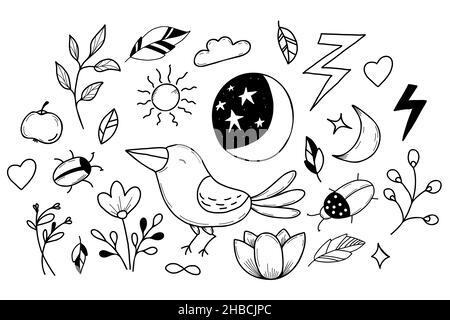 Set of magic signs, beetle and crow, flower and moon with starry sky in handmade linear doodle style. Vector illustration. Isolated elements. Stock Vector