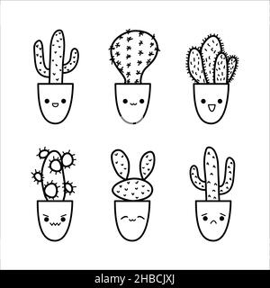 Cute cactus doodle set in sketch style. Cacti characters variety with kawaii emotions Stock Vector