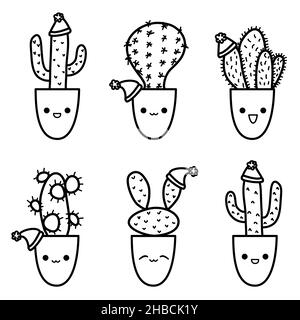 Cute Christmas cactus doodle set in sketch style. Cacti characters variety with kawaii emotions for New Year celebration Stock Vector