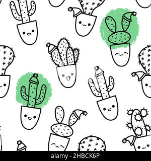 Cute Christmas cactus doodle seamless pattern in sketch style. Festive cacti characters variety with kawaii emotions Stock Vector