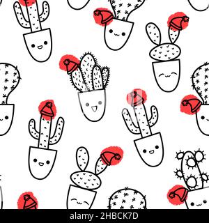 Cute Christmas cactus doodle seamless pattern in sketch style. Festive cacti characters variety with kawaii emotions Stock Vector