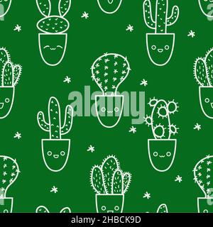Cute cactus doodle pattern in outline style. Vector cacti characters variety with kawaii emotions in flower pots Stock Vector