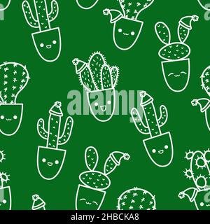 Cute Christmas cactus doodle seamless pattern in sketch style. Festive cacti characters variety with kawaii emotions Stock Vector