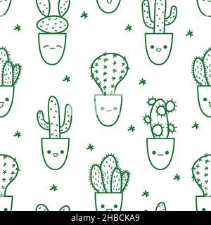 Cute cactus doodle pattern in outline style. Vector cacti characters variety with kawaii emotions in flower pots Stock Vector
