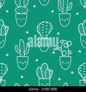 Cute cactus doodle pattern in outline style. Vector cacti characters variety with kawaii emotions in flower pots Stock Vector