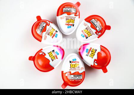 May 4, 2021. New York. Pink chocolate eggs Kinder Joy with a small toy inside. Stock Photo