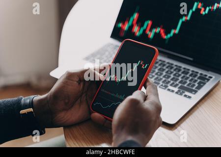 Male hands holding smartphone next to computer screen analyzing financial stock market charts Stock Photo