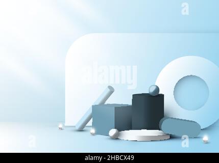 Set of 3D realistic geometric group on blue room background. Vector illustration Stock Vector
