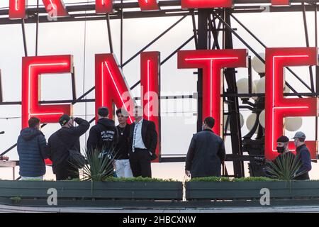 Seattle, USA. 17th Nov, 2021. Macklemore and Windser on the roof at Pike Place Market shooting a video. Stock Photo