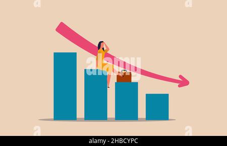 The graph of the economy went down, the growth of unemployment. Market trading problems. Women are sitting on the graph and are sad vector illustratio Stock Vector