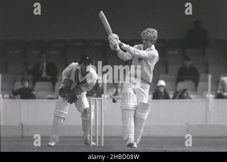 David Gower batting for Leicestershire in the John Player League (Sunday League, 40 overs) against Surrey, at The Oval, London, England 7 May 1978. Wicketkeeper is Surrey's Jack Richards. Stock Photo