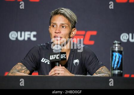 Las Vegas, USA. 18th Dec 2021. LAS VEGAS, NV - DECEMBER 18: Amanda Lemos interacts with media after the UFC Vegas 45: Lewis v Daukaus  event at UFC Apex on December 18, 2021 in Las Vegas, Nevada, United States. (Photo by Louis Grasse/PxImages) Credit: Px Images/Alamy Live News Stock Photo