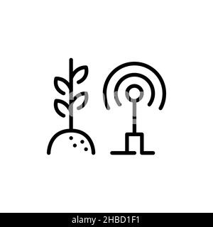 Smart farming sensor next to a growing plant. Wireless connection based internet of things technology. Pixel perfect, editable stroke colorful icon Stock Vector