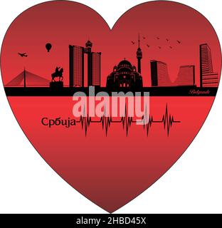 City in the heart - illustration,  Vector city skyline silhouette,  Belgrade Serbia Stock Vector