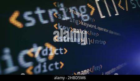Software developer programming code. Abstract computer script coding. Programming code screen of software developer. Stock Photo
