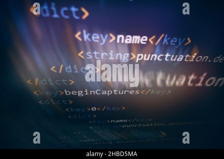 SEO optimization. Modern tech. PHP syntax highlighted. Writing programming functions on laptop. Big data and Internet of things trend. Stock Photo