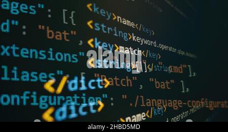 Software developer programming code. Abstract computer script coding. Programming code screen of software developer. Stock Photo