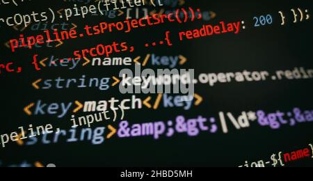 Desktop PC monitor photo. Javascript functions, variables, objects. Project managers work new idea. Future technology creation process. Stock Photo