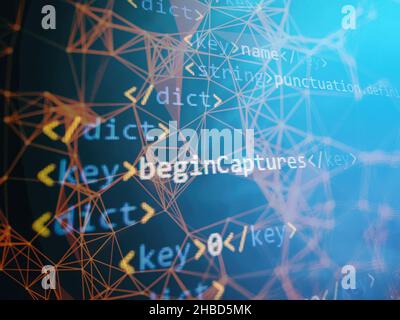 SEO optimization. Modern tech. PHP syntax highlighted. Writing programming functions on laptop. Big data and Internet of things trend. Stock Photo