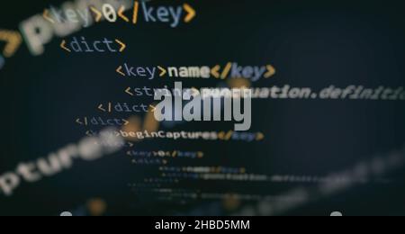 SEO optimization. Modern tech. PHP syntax highlighted. Writing programming functions on laptop. Big data and Internet of things trend. Stock Photo
