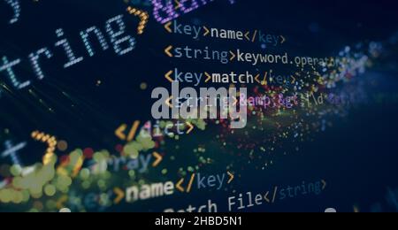 SEO optimization. Modern tech. PHP syntax highlighted. Writing programming functions on laptop. Big data and Internet of things trend. Stock Photo