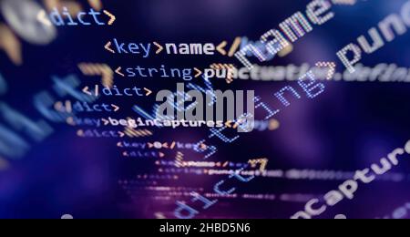 SEO optimization. Modern tech. PHP syntax highlighted. Writing programming functions on laptop. Big data and Internet of things trend. Stock Photo