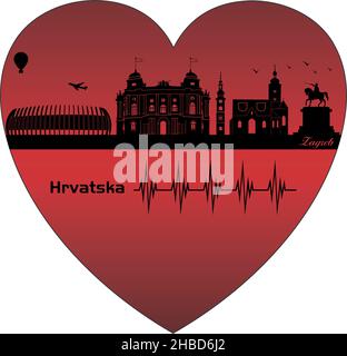 Zagreb in the heart - illustration,  Vector city skyline silhouette,  Zagreb Croatia Stock Vector