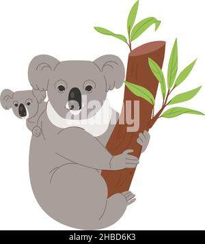Cute koala family mother with children sit on the tree cartoon animal ...