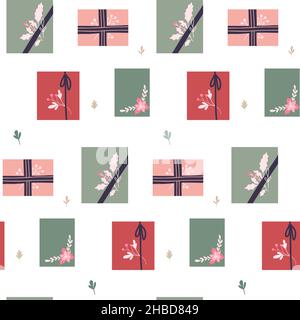 Seamless naive holiday pattern with hygge packages and plants decorations. Vector texture with sparse gift boxes top view in pastel colors and stems w Stock Vector